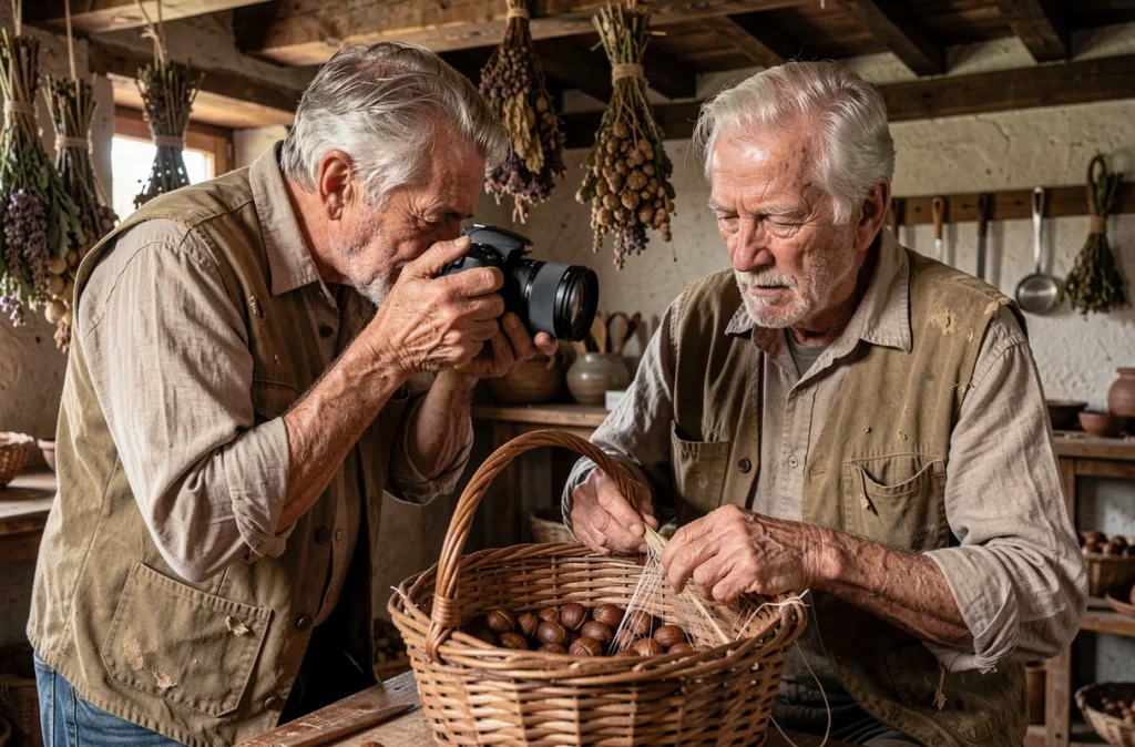 Photographe de reportage documentant un artisan corse tressant un panier traditionnel dans un atelier rural, patrimoine insulaire