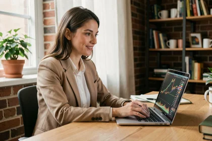 Jeune femme active analysant des graphiques boursiers sur son ordinateur portable dans un bureau moderne à domicile