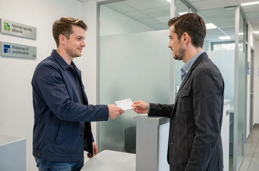 Un jeune homme dépose un formulaire d'épargne au guichet d'une agence bancaire française moderne