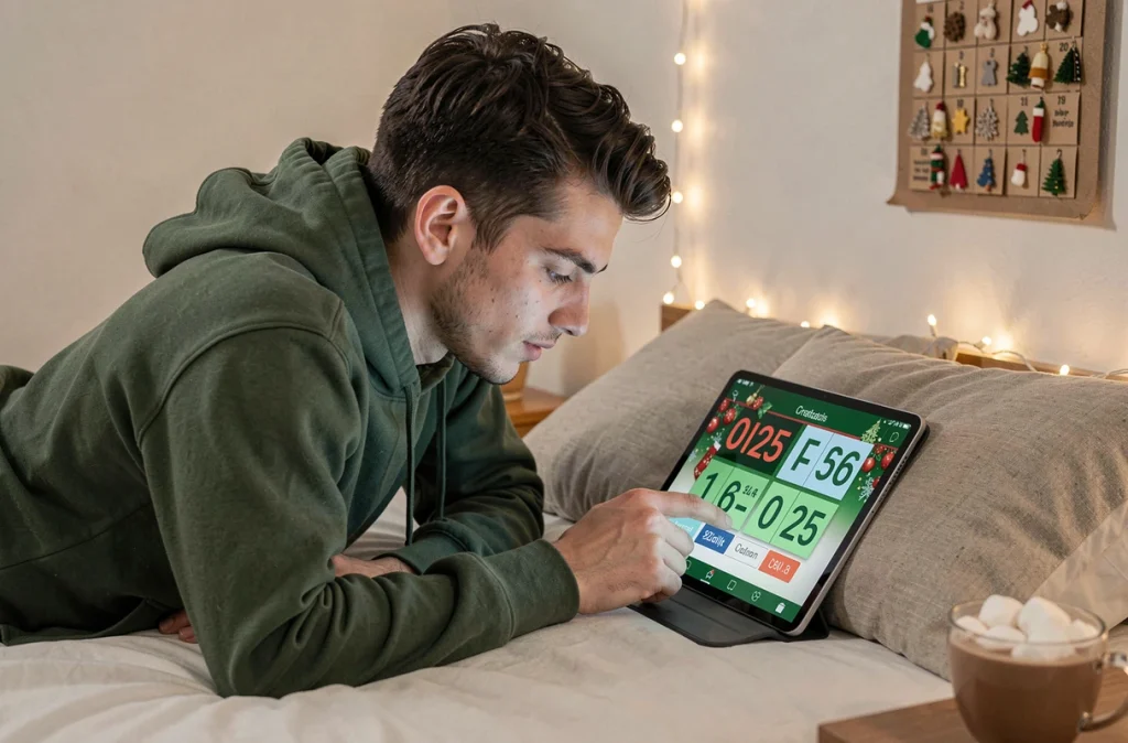 Jeune homme utilisant une application de minuteur décompte Noël 2026 sur une tablette dans sa chambre décorée de guirlandes lumineuses