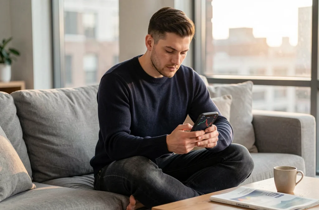 Jeune homme consultant une application de trading boursier sur smartphone depuis son salon, illustrant l'investissement mobile