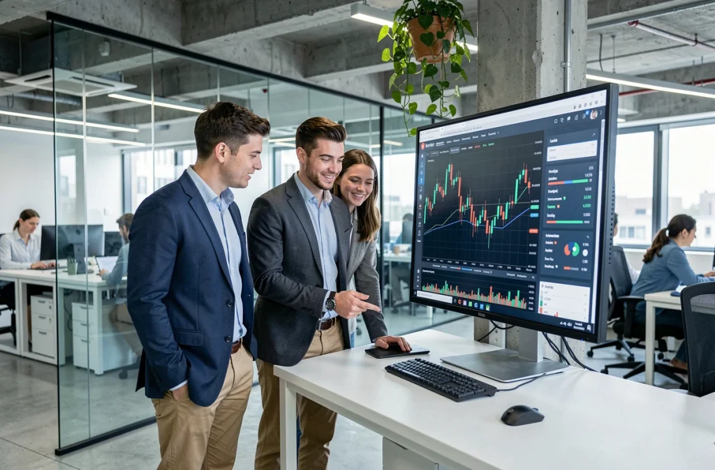 Groupe de jeunes professionnels discutant d'investissements boursiers autour d'un écran dans un espace de coworking moderne