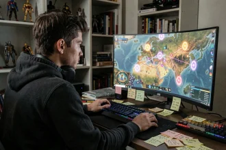 Joueur de Dofus concentré devant son écran avec des notes manuscrites sur les portails à trouver