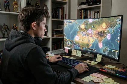 Joueur de Dofus concentré devant son écran avec des notes manuscrites sur les portails à trouver