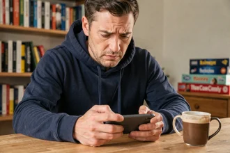 Homme frustré jouant à Monopoly GO sur smartphone, club des magnats disparu