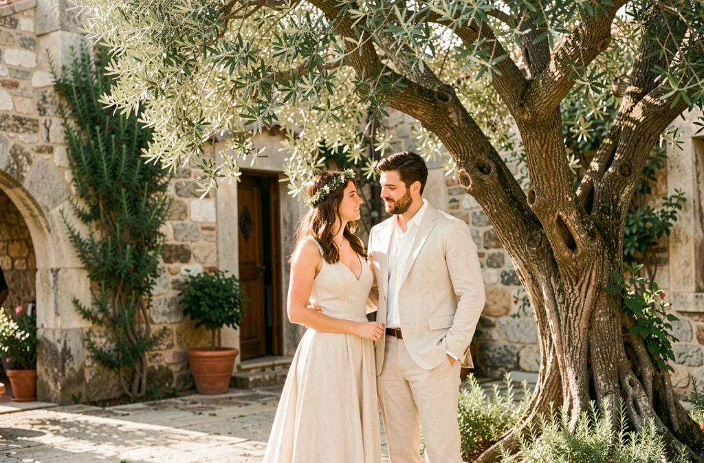Mariés sous un olivier corse lors d'un mariage photographié en argentique, atmosphère chaleureuse et naturelle