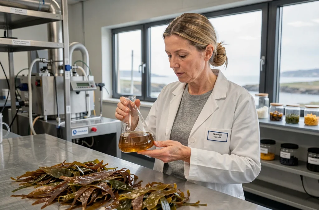 Chercheuse analysant des échantillons d'algues dans un laboratoire de valorisation du goémon en Bretagne
