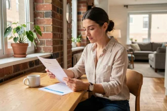 Locataire vérifiant son contrat d'assurance habitation à la table de sa cuisine moderne