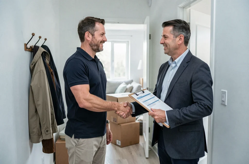 Locataire signant un contrat d'assurance habitation avec un conseiller dans son nouvel appartement