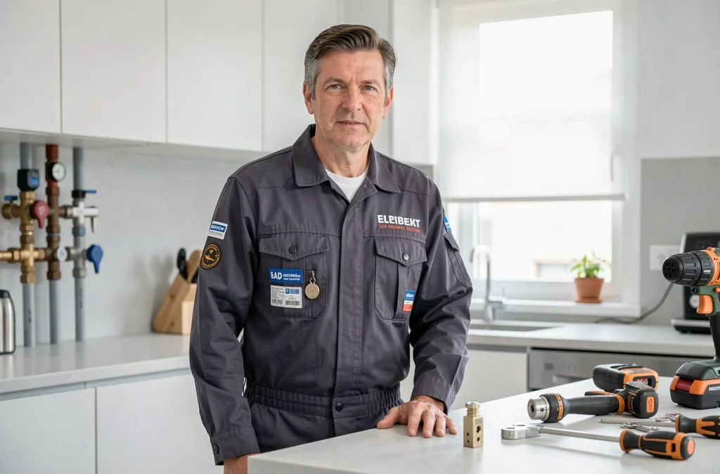 Technicien LSPC intervenant en serrurerie et plomberie dans une cuisine moderne à Lille