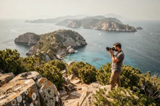 Photographe professionnel sur une falaise corse avec appareil photo, vue panoramique sur la mer Méditerranée