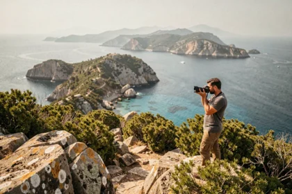 Photographe professionnel sur une falaise corse avec appareil photo, vue panoramique sur la mer Méditerranée