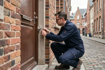 Serrurier professionnel intervenant sur une porte d'entrée dans une rue typique de Roubaix aux façades en briques rouges