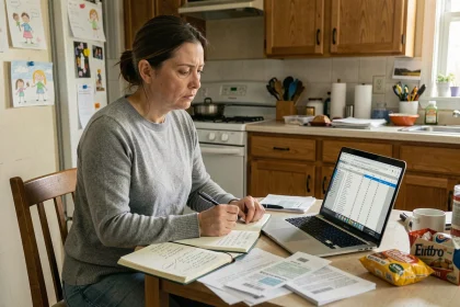 Mère célibataire gérant son budget familial avec des factures et un ordinateur portable sur la table de cuisine