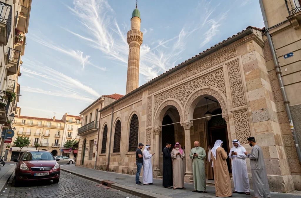 Façade d'une mosquée de Marseille avec son minaret et des fidèles se rassemblant pour la prière pendant le ramadan
