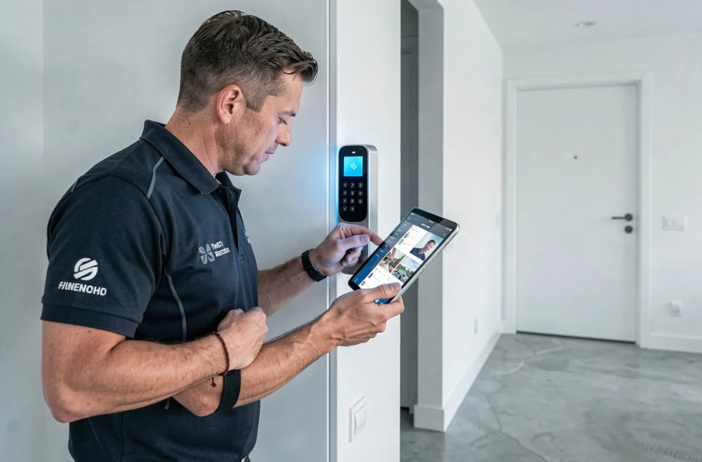 Technicien Optimlock installant une serrure connectée haute sécurité sur la porte d'un appartement moderne à Roubaix