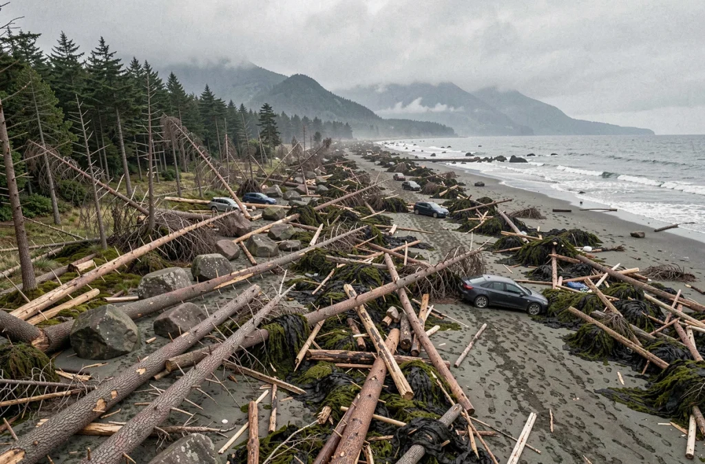 Paysage côtier dévasté montrant des débris marins et des rochers déplacés par un tsunami géant, illustrant la puissance destructrice des mégaflots