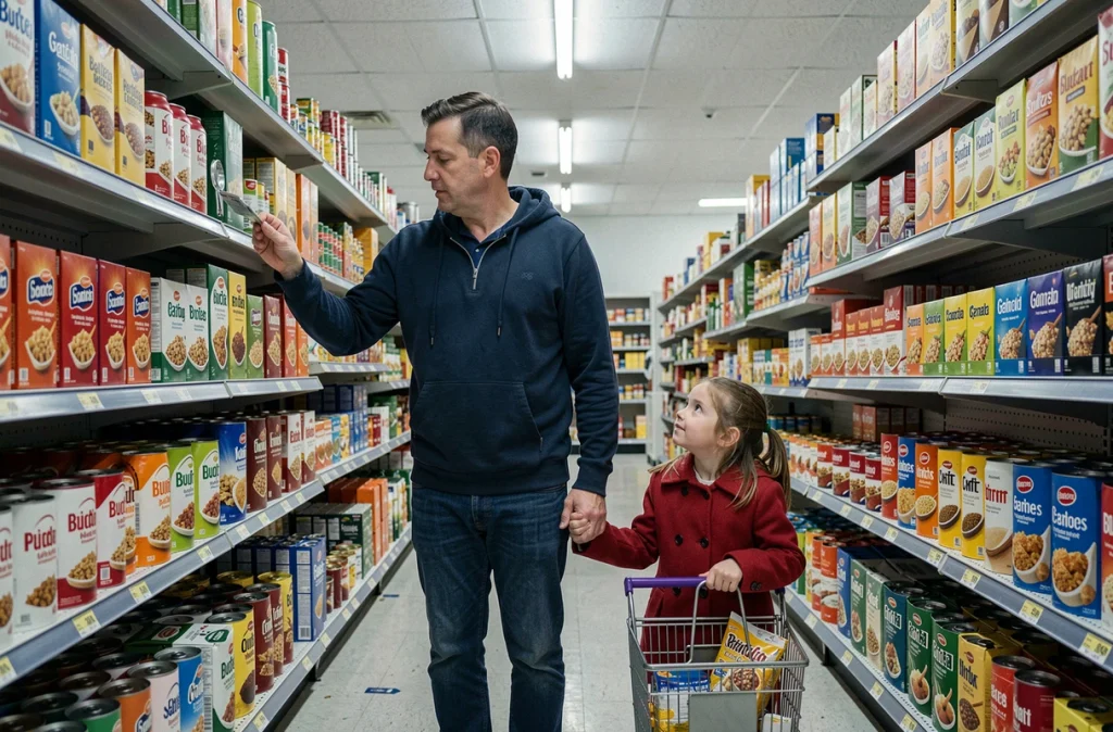 Père célibataire et sa fille comparant les prix dans un rayon de supermarché pour maîtriser leur budget