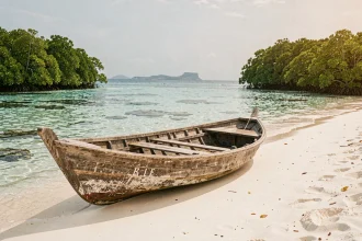 Pirogue traditionnelle sur la plage de sable blanc de Mayotte avec lagon turquoise et mangroves en arrière-plan, océan Indien