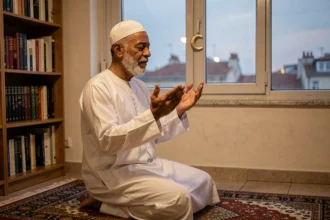 Homme en djellaba blanche effectuant sa prière du soir pendant le ramadan dans un appartement marseillais avec vue sur les toits de la ville