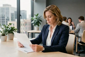 Professionnelle en réunion relisant un document officiel avec attention dans un bureau moderne