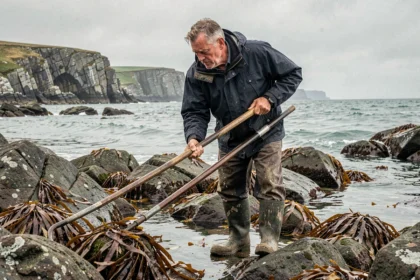 Pêcheur breton récoltant du goémon sur les rochers à marée basse en Bretagne