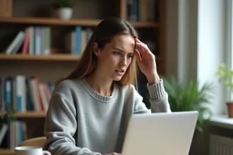 Femme utilisant un ordinateur portable pour récupérer son mot de passe perdu sur son compte Cdiscount