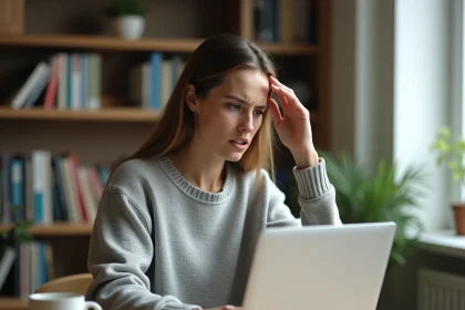 Femme utilisant un ordinateur portable pour récupérer son mot de passe perdu sur son compte Cdiscount
