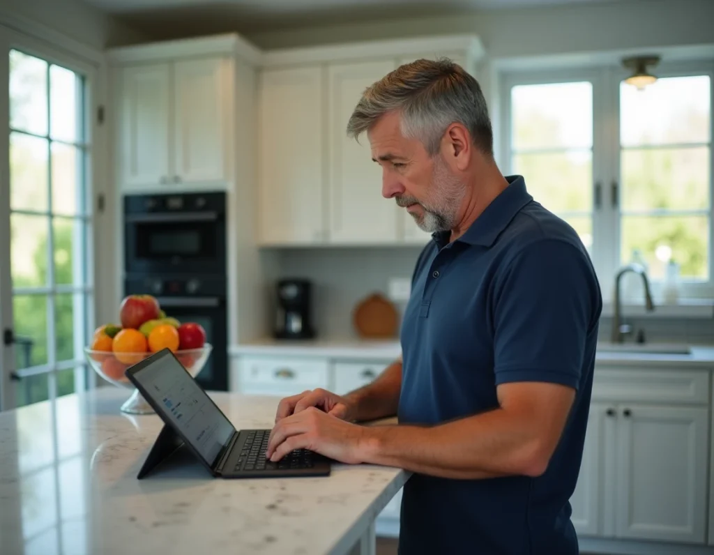 Homme cherchant à réinitialiser son mot de passe de compte Cdiscount depuis une tablette dans sa cuisine