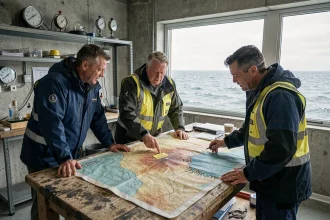 Des scientifiques marins étudient une carte topographique des fonds océaniques dans une station de recherche côtière pour analyser les risques de tsunami