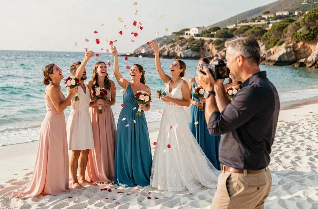 Photographe de mariage capturant un groupe de mariés sur une plage corse avec confettis de pétales de roses