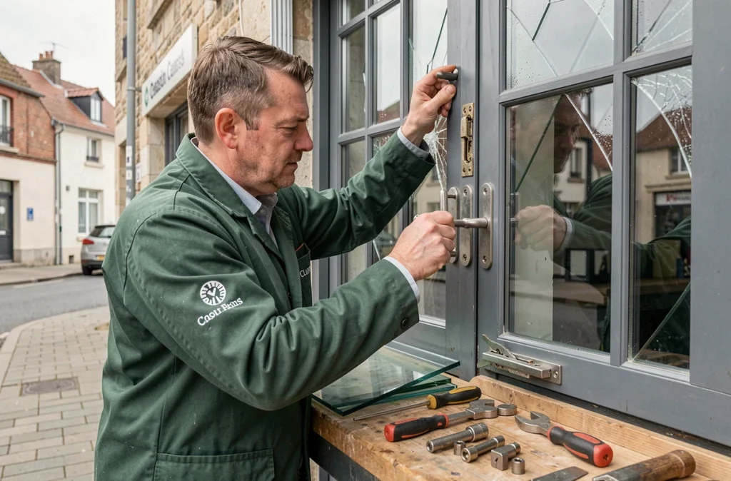 Artisan des Serruriers Vitriers HDF remplaçant une vitre brisée et réparant la serrure d'un commerce à Roubaix