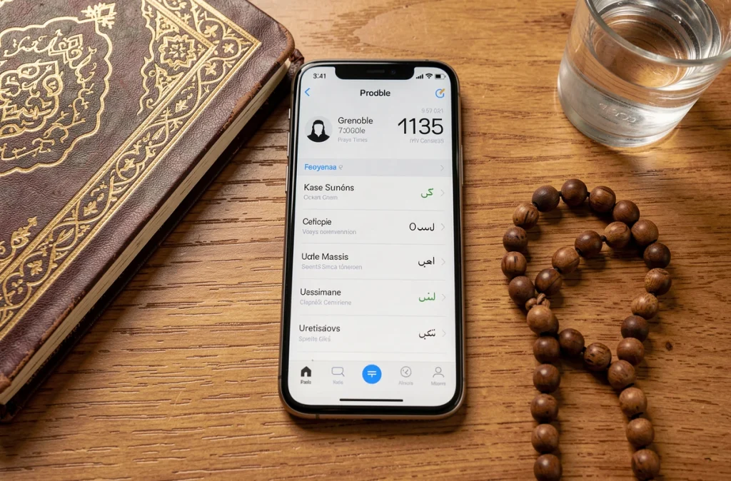 Smartphone affichant les horaires de prière de Grenoble posé sur un bureau avec un Coran et un chapelet
