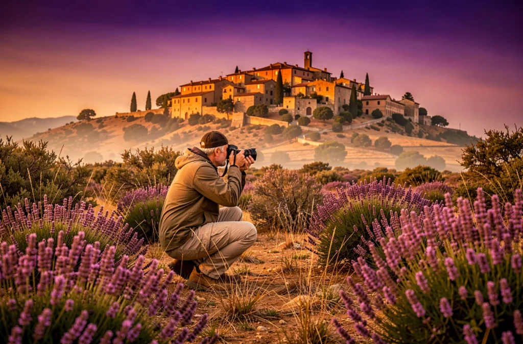 Photographe naturaliste accroupi dans le maquis corse au crépuscule, village en pierre dans l'atmosphère dorée de la golden hour