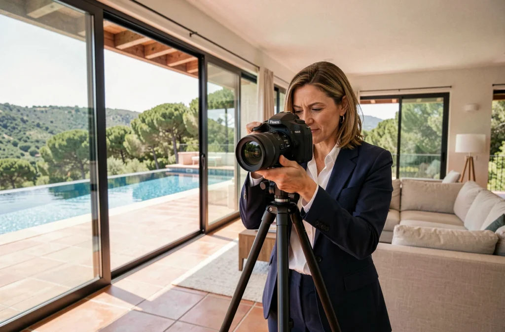 Photographe en studio posant dans une villa de luxe à Porto-Vecchio pour une séance photo immobilière et portrait