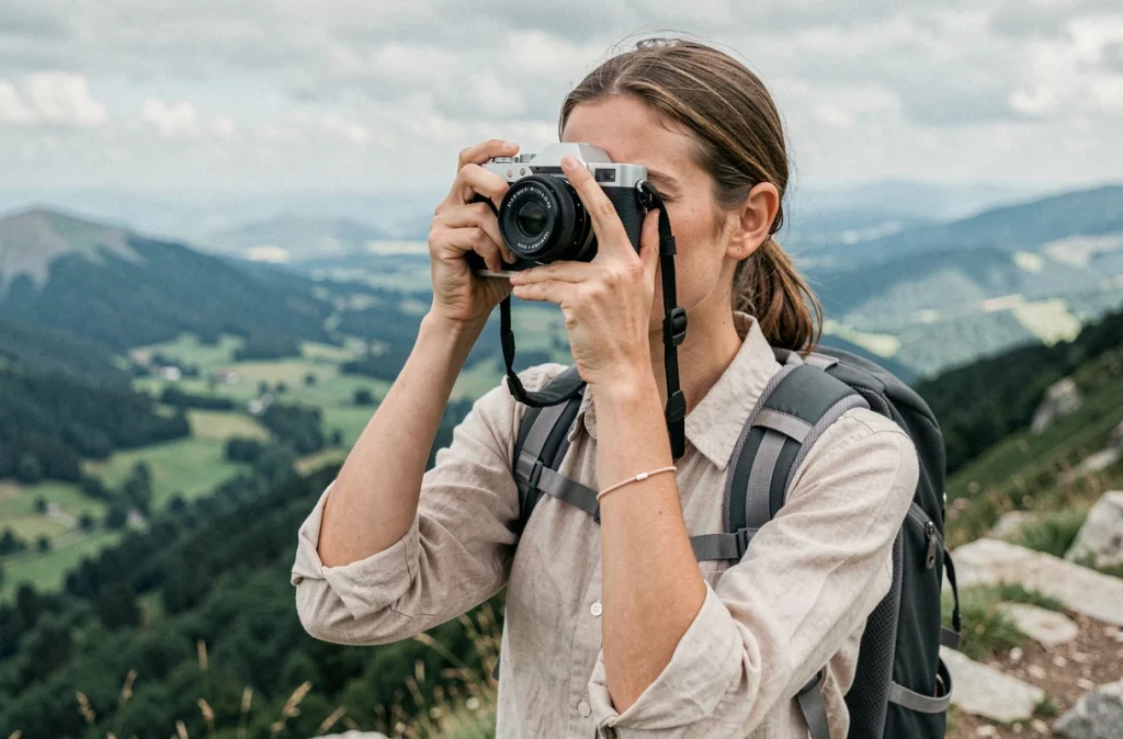 Voyageuse photographiant un paysage de montagne avec un appareil photo compact léger lors d'une randonnée