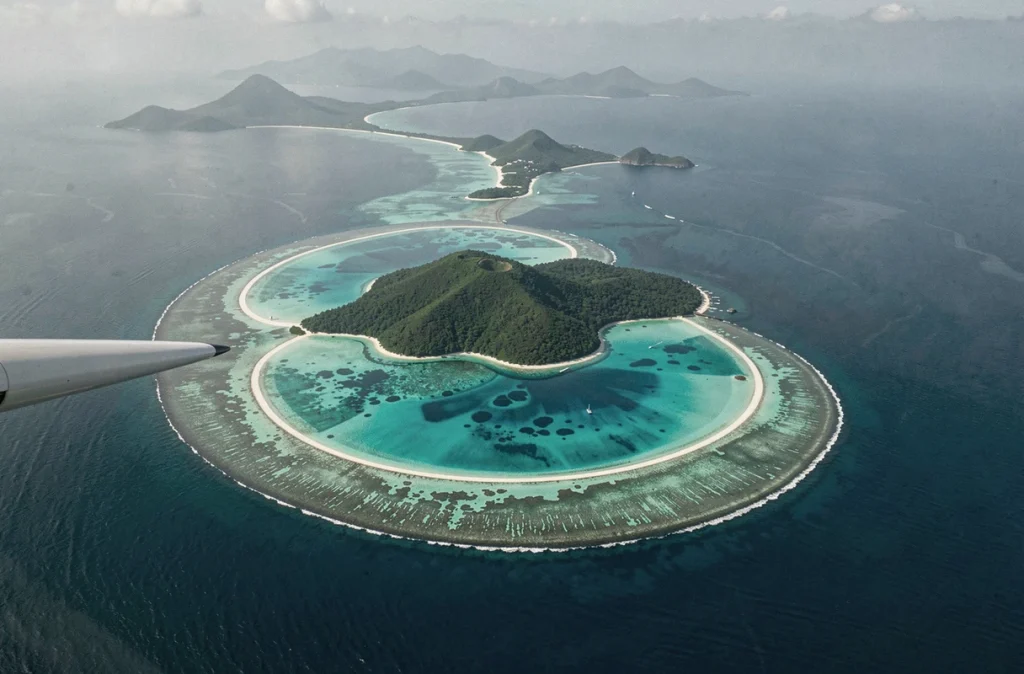 Vue aérienne de l'île de Mayotte et son double lagon dans l'océan Indien avec la côte africaine visible à l'horizon
